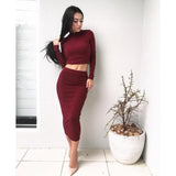 0217 Fashion 1PC Blouse+1PC Dress Sexy Solid Women Long Sleeve Bodycon Party Cocktail Club Dresses Workwear